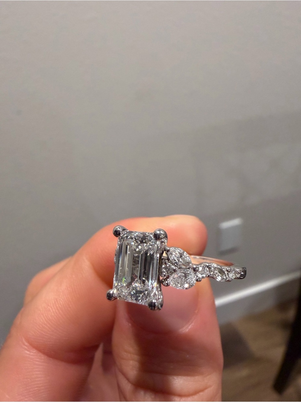 14k White Gold Pear and Round Diamond Twist Engagement Ring with Emerald Cut Lab